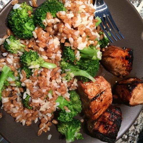 Bourbon BBQ grilled pork with broccoli pilaf.