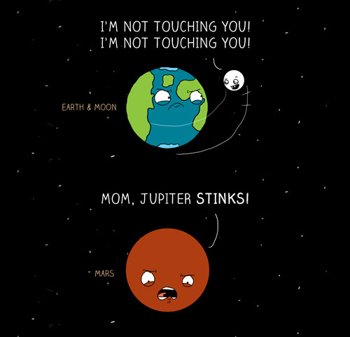 mishasminions:  testosteroneman:  deadpandean:  sourwolf-of-beacon-hills:  jtotheizzoe:   Solar Road Trip  “Mom! Earth threw a satellite at me!!” said all the other planets.  “Mom,” Pluto wailed, “Earth is saying I’m not