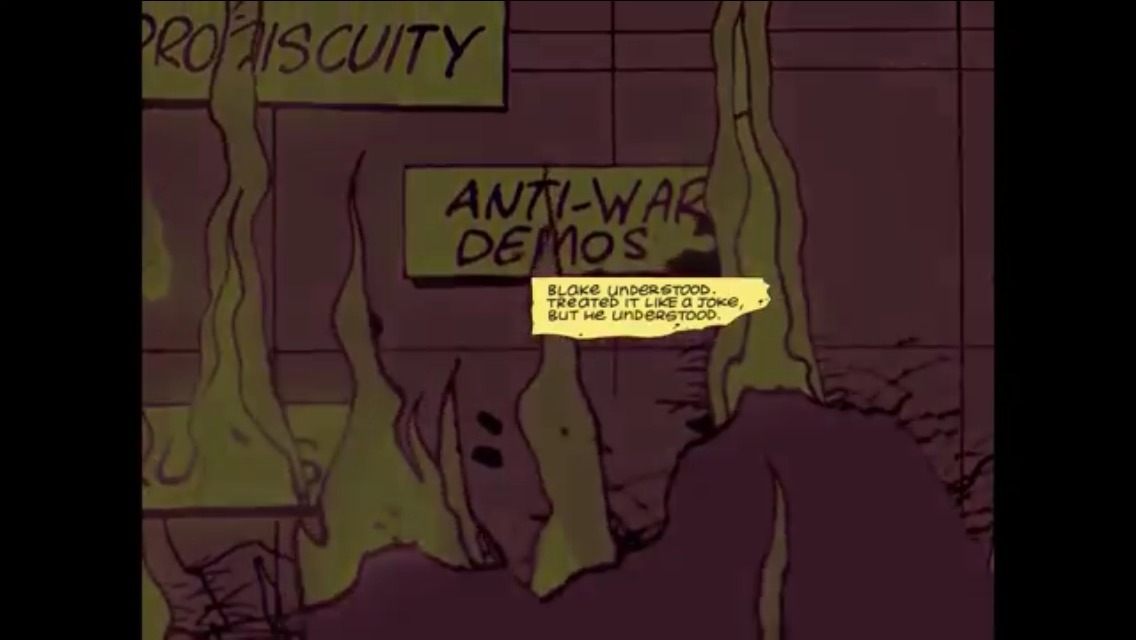 Stills from the Watchmen moving comic, issue 2. Absent friends