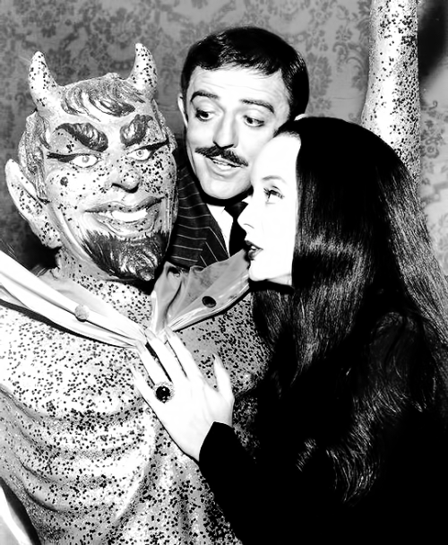 John Astin and Carolyn Jones on the set of The Addams Family, 60s