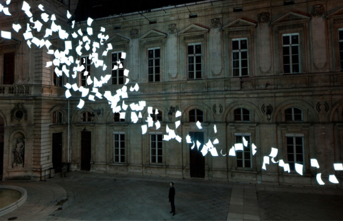 enochliew:Bourrasque by Paul Cocksedge200 suspended sheets made from an electrically conductive material that lights up 