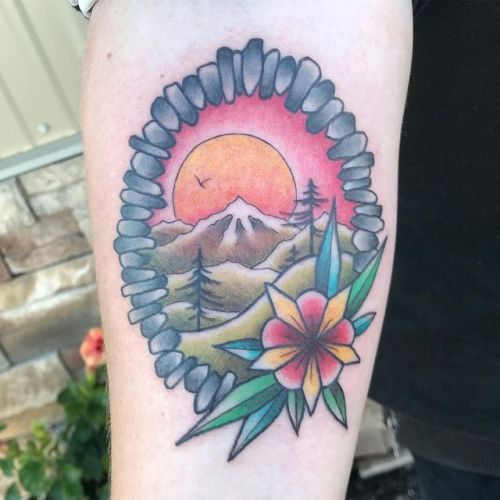 Lovely outdoor scene tattoo! #tattoo #tattoos #colortattoo #naturetattoo #mountaintattoo #duluthmn #