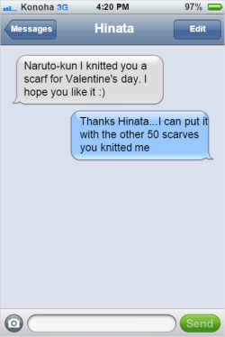 textingninjasofkonoha:  My personal head canon is that Hinata knits Naruto a scarf every chance she gets.