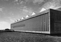 germanpostwarmodern:South facade of the Central Library (1957) of the Weizmann Institute of Science in Rehovot, Israel, by Arieh Elhanani 