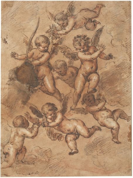Bartolomeo Passerotti, Putti studies.Brown wash over black charcoal with white highlights on toned l