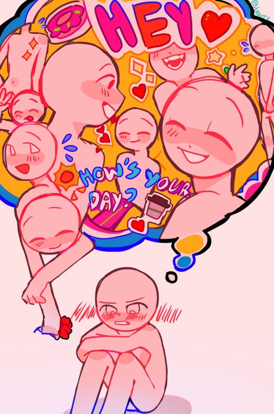 A drawing of a nonspecific person sitting with their legs drawn up on the floor, blushing. Above them is a thought bubble filled with drawings of another nonspecific person, depicting candid shots, they're smiling gently in all of them. There's one piece of text that reads "Hey!" and another near the bottom of the speech bubble that reads "How's your day?" End of description.