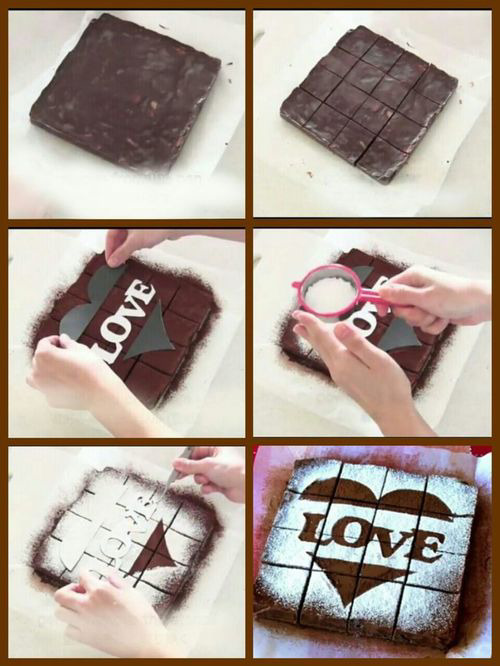 Brownies, dust love and a heart for decoration with icing sugar