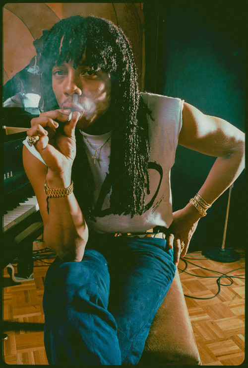 strappedarchives:    Rick James photographed by Chester Simpson while recording at the studio with the Mary Jane Girls- 1983  