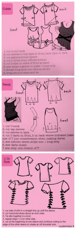 DIY 3 Restyled Tee Shirt Graphics from CTA Glam Couture here. From the book 99 Ways to Cut Sew, Trim