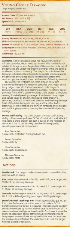 Twisted, chaotic dragons from the 518th Layer of the Abyss. The Chole dragons are tentacled nightmar