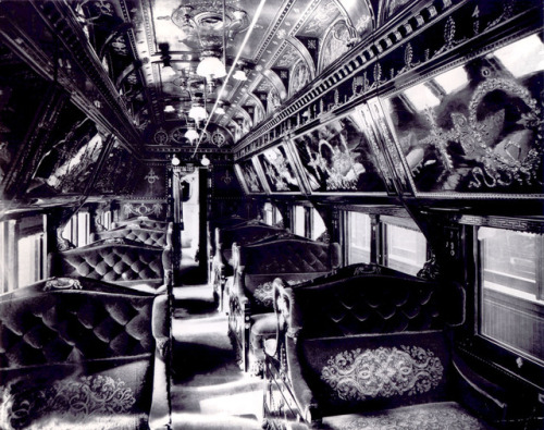 steampunktendencies:Interior Pullman Car.Beveled mirrors, ornate carvings, and polished brass were t