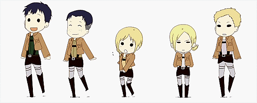 a-walrus:  armins-secret-armin-rp-blog:  revolutionator:  flaushling: 【手描き】しんげきぴったん【進撃】  oh  im still really personally offended by how cute these are  