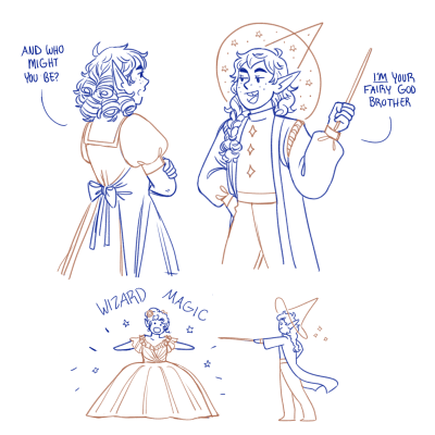 herbgerblin:[ID: Three lineart drawings in blue and gold. The first image shows Lup and Taako, a female and male elf respectively. They both have freckles and curly hair. Lup is wearing a dress and apron, while taako wears a wizard hat and robes covered