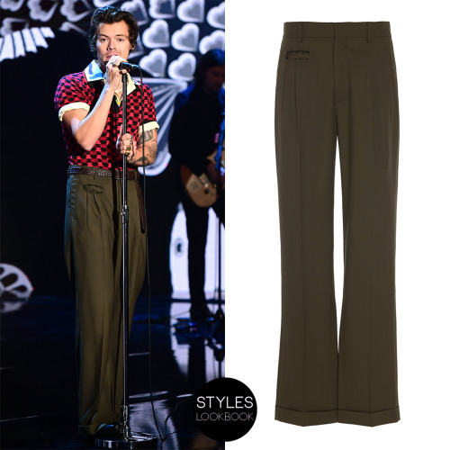 styleslookbook: For his appearance on The Graham Norton Show, Harry wore a Marni green wide leg trou