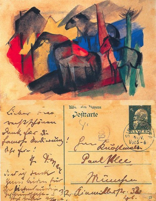 nobrashfestivity:Franz Marc’s Beautiful hand-painted postcards sent to his friends, including Paul K