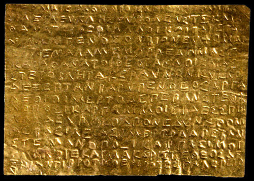 greekromangods:Orphic Gold Lamina4th century BCNecropolis of Thurii, Sibari, Italy (Discovery site)M