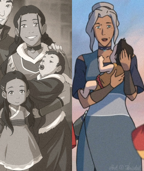 kristallioness:  A master waterbender/ healer holding a baby airbender: * Katara and Tenzin in “Civil Wars, Part 2” (TLOK 2.04)* Kya and Rohan in “Rebirth” (TLOK 3.02) 