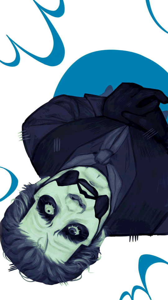 drawing of copia (papa emeritus 4) upside-down from a birds eye point of view, looking at the viewer. he has a concerned expression, mouth slightly open. he is wearing a full black outfit, a suitvest, button-down shirt, gloves, and scarf. his feet are barely visible from this angle. he is standing in front of a white background, on top of a cyan circle, with arch like designs surrounding him, like ribbons in that same cyan color. copia also has a blue tint to him.