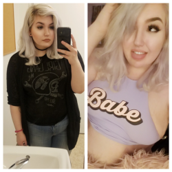 curvy-cunt:  ♡ A new kind of bimbo transformation photo ♡ How I look at work vs. How i look any other time.  I get a lot of messages and questions about me no longer being goth. I will always be somewhat alternative, its who i am as a person. I hope