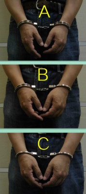 hogtiedboy:  asiancuffs:  How do you wear your handcuffs?When you put handcuffs onto yourself for some self-bondage fun (regardless of the keyhole facing), Do you usually put them on:A: Both double bows facing upB: One double bow and one single bow facing