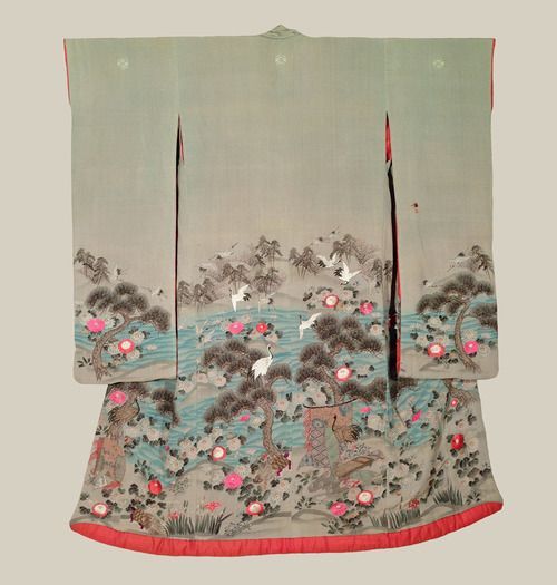 A chirimen silk antique furisode featuring very finely rendered crane, pine, tortoise, flower, kicho