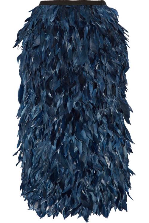 Skyla feather-trimmed satin and cady midi skirt