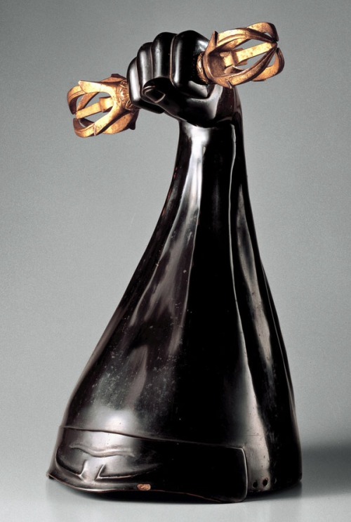 design-is-fine:Black-lacquered kabuto (helmet) with the arm of a guardian deity, wielding a Vajra, E