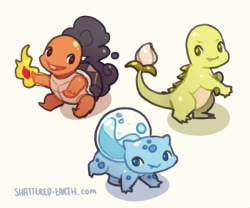 shattered-earth:  typeswap starters i doodled on the plane before kawaii kon :) just added the bubblesaur evos for funsies o/