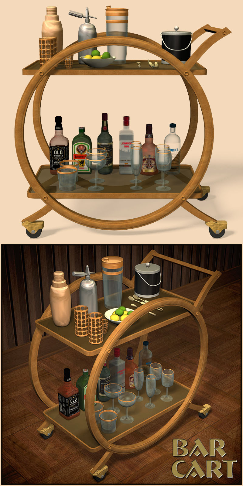 The Bar Cart is a set of twenty props (PP2) replicating a mobile bar cart complete