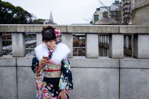 JANUARY 09: Japanese women who celebrate turning 20 years old, clad in Japanese kimono near Meiji Ji