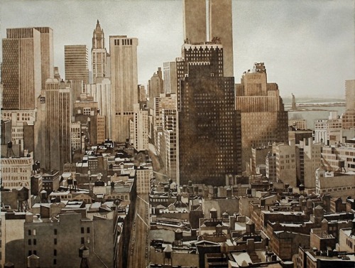 huariqueje:View over Soho, Lower Manhattan   -   Philip Pearlstein, 1978American,b.1924-Etching and 