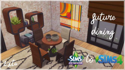 Future Dining Set from TS3:Hi! You get 5 new objects: A dining table, a chair, a painting, some vase