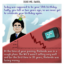 jinxii-infinity:  This comic has been reposted with permission from the original artist.I found this excellent and touching comic by Reddit user    AbelHagen earlier.Happy Birthday Satoru Iwada!Nintendo is doing just fine.