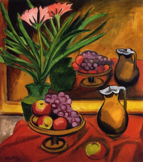 Max Pechstein. Still Life with Mirror Clivia, Fruit and Jug (1917).