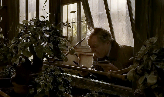 Horace Slughorn preparing to take clippings from a plant in the greenhouse