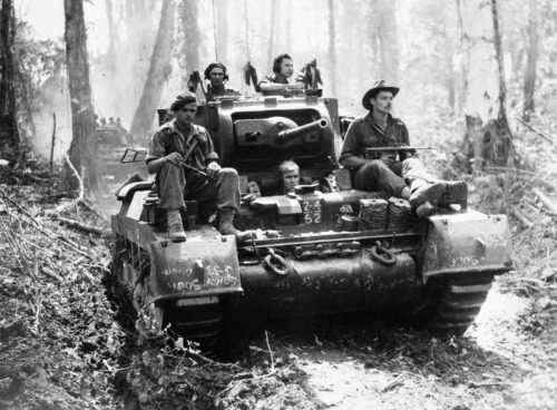 demons:A Matilda tank of ‘B’ Squadron, 2/4th Australian Armoured Regiment, with supporting infantry 