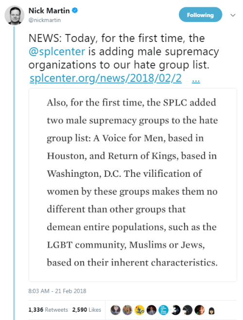 NEWS: Today, for the first time, the @splcenter is adding male supremacy organizations to our hate g