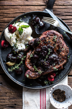 do-not-touch-my-food:  Smoked Ancho Chile Salted Steaks with Drunken Burst Sweet Cherries and Burrata