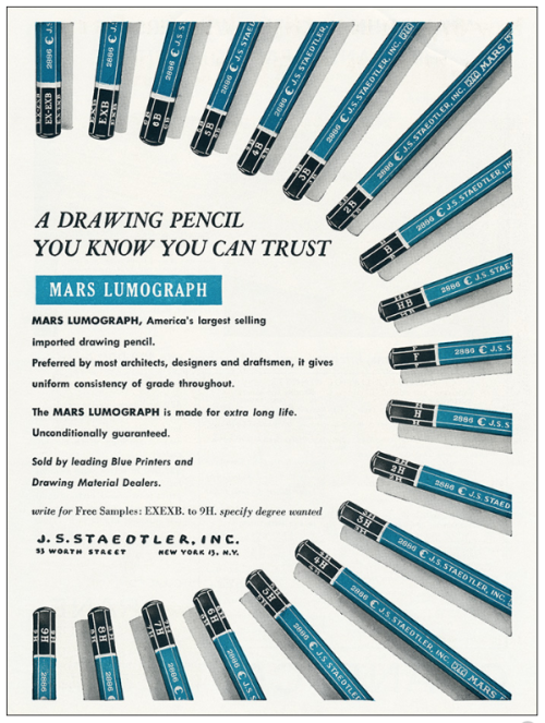 Advertisement for Mars Lumograph 2886 pencil, 1953. A drawing pencil you know you can trust. J.S. St