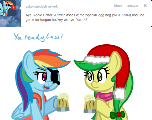 askpiratedash:  That whole Apple family be attractive buckos.  Yarr <3 ((Rum-infused drinks are always a good thing XD Thank you so much for the smooches Apple Fritter!))  Teehee X3 Oh dat PirateDash~
