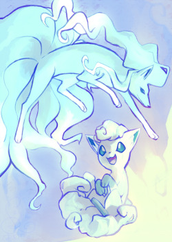 sreido:     Alolan Ninetales live on a snowy peak that is revered in the Alola region as a holy mountain. They are treated as sacred emissaries, and people meet them with awe and fear. //   Alolan Vulpix can freeze anything solid by expelling breath