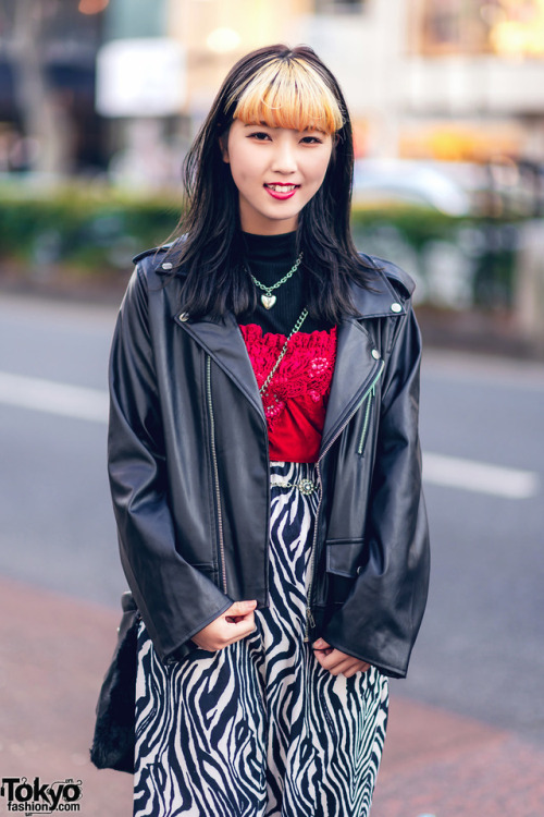 19-year-old Japanese beauty school student Saaya on the street in Harajuku wearing a leather jacket 