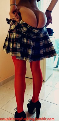 couplelovesfucking:  Being a naughty schoolgirl today… I love to go out without panties so he can fuck me whenever he wants to. &lt;3