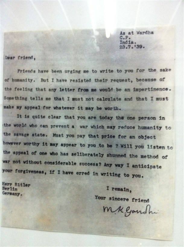 egalite-fraternite:  Letter from Gandhi to Hitler.     