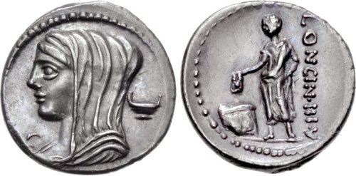 Denarius of L. Cassius Longinus (63 BCE).  On the obverse, the goddess Vesta; on the reverse, a vote