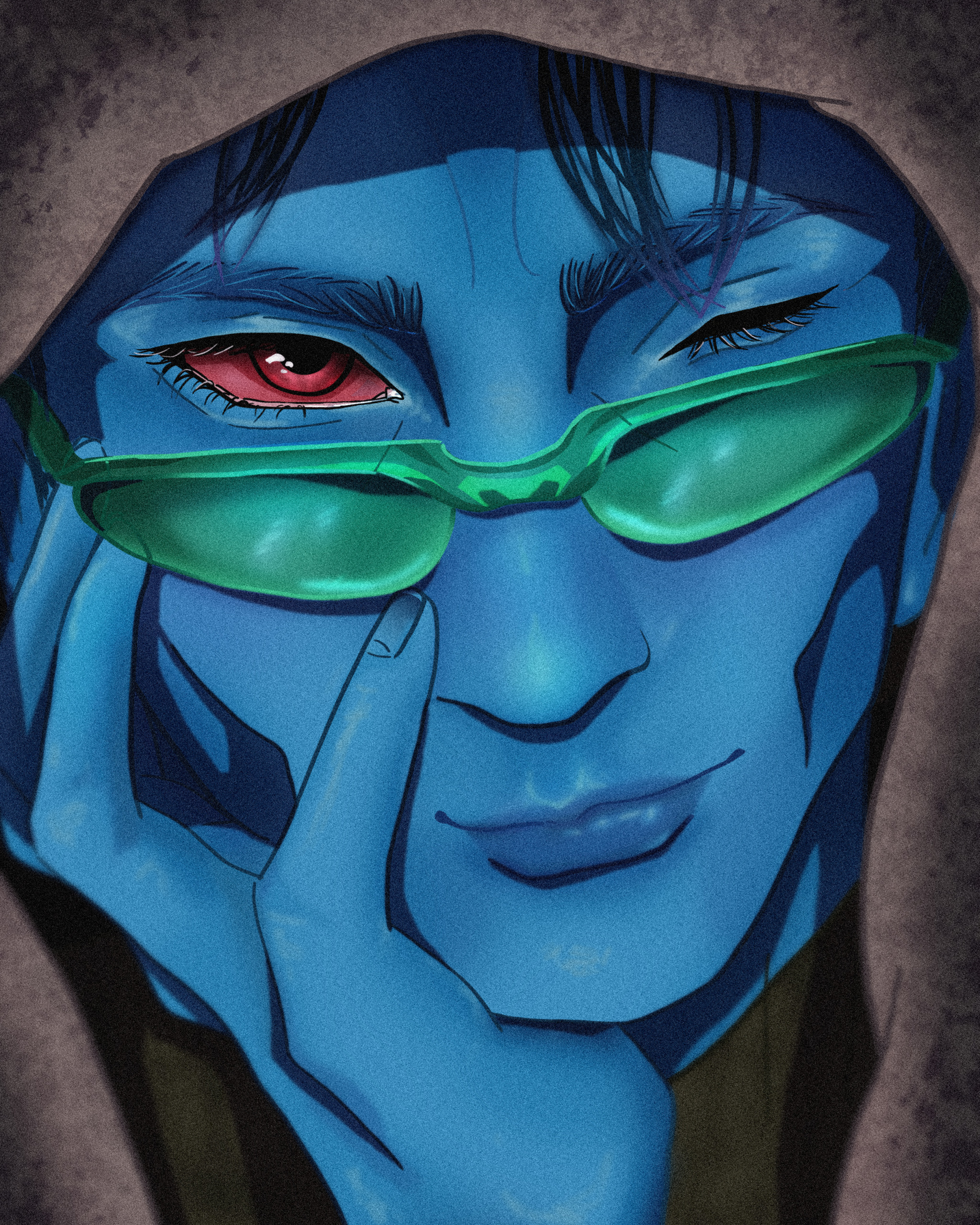 Fanart depicting a close-up of the blue Star Wars alien villain Grand Admiral Thrawn, smirking and wearing green sunglasses.