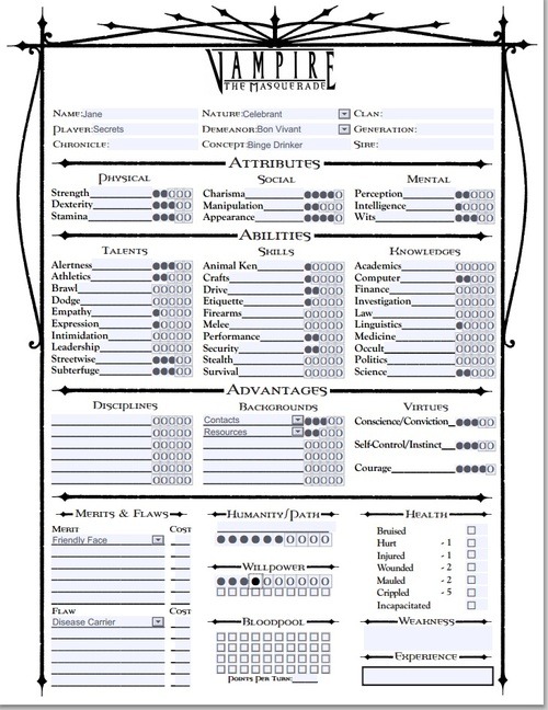 Vampire the Masquerade 5th - Character Sheet