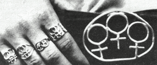 lesbianherstorian:an ad for lesbian rings and belt buckles from lammas women’s shop founded by