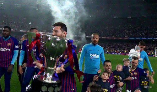 messiv:LIONEL MESSI celebrates winning his 10th La Liga title and his first as Barcelona’s captain with his family at Camp Nou on 27th April 2019.