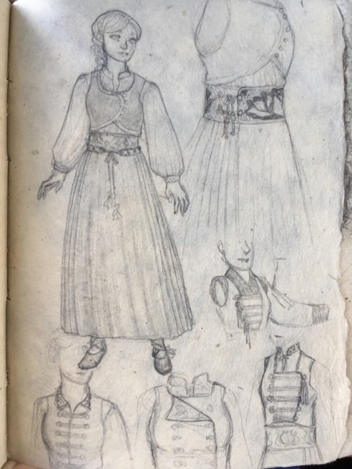 Sketchbook drawings! Fashion development for Elaenia’s home country.